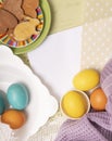 White empty list with Easter colored eggs and holiday homemade cookies, Easter banner template
