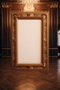 A white empty painting in an art gallery stands on the parquet floor