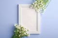 White empty photo frame mockup with mouse-ear chickweed flowers on blue background Royalty Free Stock Photo