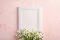 White empty photo frame mockup with mouse-ear chickweed flowers on pink textured background Royalty Free Stock Photo