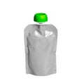 White empty plastic doy pack with spout and round green lid, for baby food, fruit puree, snack on the go, isolated on a