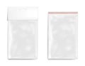 White empty plastic packaging with zipper. Blank sachet with hang slot