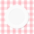 White empty plate on pink checkered tablecloth. Top view. Vector illustration, flat design Royalty Free Stock Photo