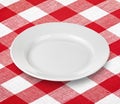 White Empty Plate On Red Gingham Tablecloth
