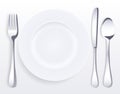White empty porcelain plate with spoon, knife and fork. Vector illustration in realistic style Royalty Free Stock Photo