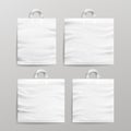 White Empty Reusable Plastic Shopping Realistic Bags Set With Handles. Close Up Mock Up. Vector Illustration