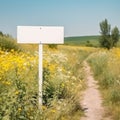 White empty road sign standing on village road background between meadow herbs, flowers in sunny summer day under blue Royalty Free Stock Photo