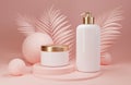 a white empty skin care bottle and a jar of cream. Abstract soft pink background with palm leaves.