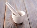 White empy mortar and pestles on old wooden background.