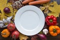 White emty plate with measuring tape and vegetables top view