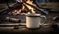 White enamel cup of hot steaming coffee on old log - Generative AI Royalty Free Stock Photo
