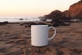 White enamel cup mockup, blank coffee mug with sea view on background, campfire cup mock up, camping, wanderlust, travel design