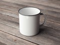 White enamel mug on wooden floor. 3d rendering Royalty Free Stock Photo