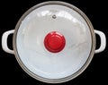 White Enameled Stock Pot With Heath Resistant Glass Lid Isolated On Black Background Royalty Free Stock Photo