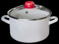 White Enameled Stock Pot With Heath Resistant Glass Lid Isolated On Black Background Royalty Free Stock Photo