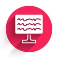 White Encephalogram icon isolated with long shadow background. Electrical activity. Red circle button. Vector