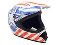 White motocross helmet with red and blue decals front view Royalty Free Stock Photo