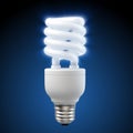 White energy saving light bulb on blue