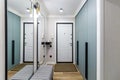 White entrance door in a modern renovated hallway with large mirrors and wardrobe