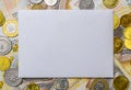 white envelope, blank note on money background, for finance and inflation Royalty Free Stock Photo