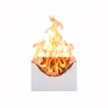 A white envelope with burned edges engulfed in flames, symbolizing an urgent message Royalty Free Stock Photo