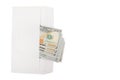 White envelope with dollars isolated on white background. Copy of space. Royalty Free Stock Photo