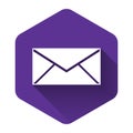 White Envelope icon isolated with long shadow. Email message letter symbol. Purple hexagon button Royalty Free Stock Photo