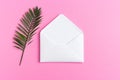 White Envelope Mockup Isolated Open Blank white envelope mockup isolated on pink background with a tropical leaf Symbolizing Royalty Free Stock Photo