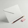 A white envelope, a sharpened wooden pencil with a pink eraser tip, and a small pink Royalty Free Stock Photo
