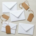 White envelopes are arranged on a light wooden surface. Each envelope is Royalty Free Stock Photo
