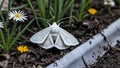 White ermine moth lying still on flower bed edging Royalty Free Stock Photo