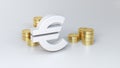 White Euro money symbol with Stack of gold coins around on a soft gray studio background. Royalty Free Stock Photo