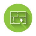 White Evacuation plan icon isolated with long shadow. Fire escape plan. Green circle button. Vector Royalty Free Stock Photo