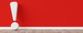 White exclamation mark or point leaning against red wall on wooden floor room with copy space, solution, alert or info concept