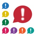 White exclamation mark in red speech bubble. Warning or attention sign. Colorful set additional versions icons. Vector Royalty Free Stock Photo