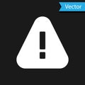 White Exclamation mark in triangle icon isolated on black background. Hazard warning sign, careful, attention, danger Royalty Free Stock Photo