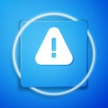 White Exclamation mark in triangle icon isolated on blue background. Hazard warning sign, careful, attention, danger Royalty Free Stock Photo