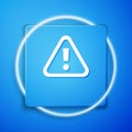 White Exclamation mark in triangle icon isolated on blue background. Hazard warning sign, careful, attention, danger Royalty Free Stock Photo