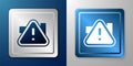 White Exclamation mark in triangle icon isolated on blue and grey background. Hazard warning sign, careful, attention Royalty Free Stock Photo