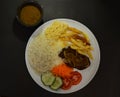 A white executive dish with tomato salad, grated red carrots, french fries, garlic farofa, rice and grilled beef steak with onions Royalty Free Stock Photo