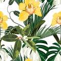 White exotic monstera, green liana branches and yellow orchidflowers and plant seamless pattern.