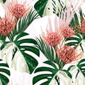 White exotic monstera leaves and Africa flowers seamless pattern.