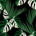 White exotic monstera leaves and coconut palm seamless pattern.