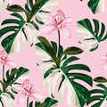 White exotic monstera leaves and pink orchid flowers seamless pattern.