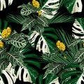 White exotic monstera leaves and yellow flowers seamless pattern.