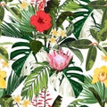 White exotic monstera and many kinds of flowers and plant seamless pattern.