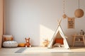 White fabric kids teepee and Native American decor in the interior of the children's room. AI generated