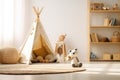 White fabric kids teepee and Native American decor in the interior of the children's room. AI generated