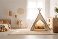 White fabric kids teepee and Native American decor in the interior of the children's room. AI generated