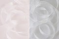 White fabric mesh ribbon design warm background pink and gray.